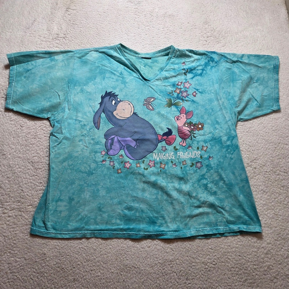 Vintage 2000s Disney T Shirt Womens XL Blue Eeyore Piglet Tie Dye double sided